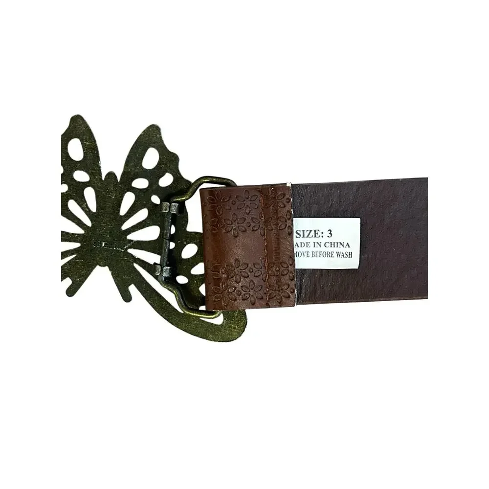 Vintage Y2K Junior Size 3 Brown Faux Leather Belt Butterfly Gemstone Buckle Boho